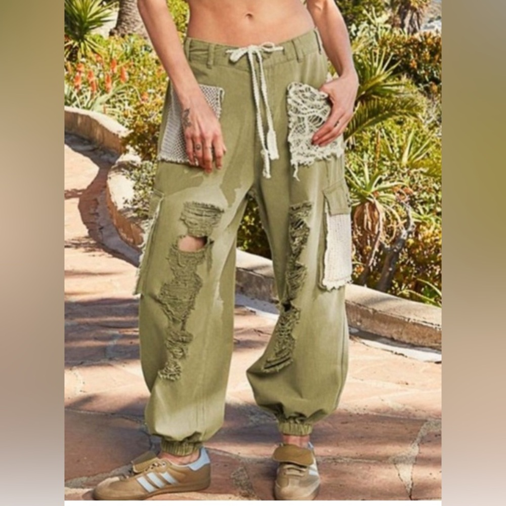 #138 Restocked!!POL A17 Crochet Pocket Green denim Joggers